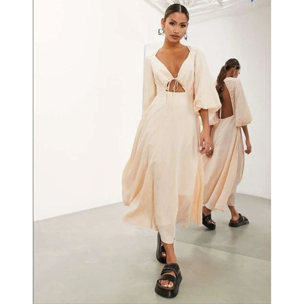 Asos Edition Cream Dress Women Sz 10 M Balloon Sleeve Mid cut outs Renaissance